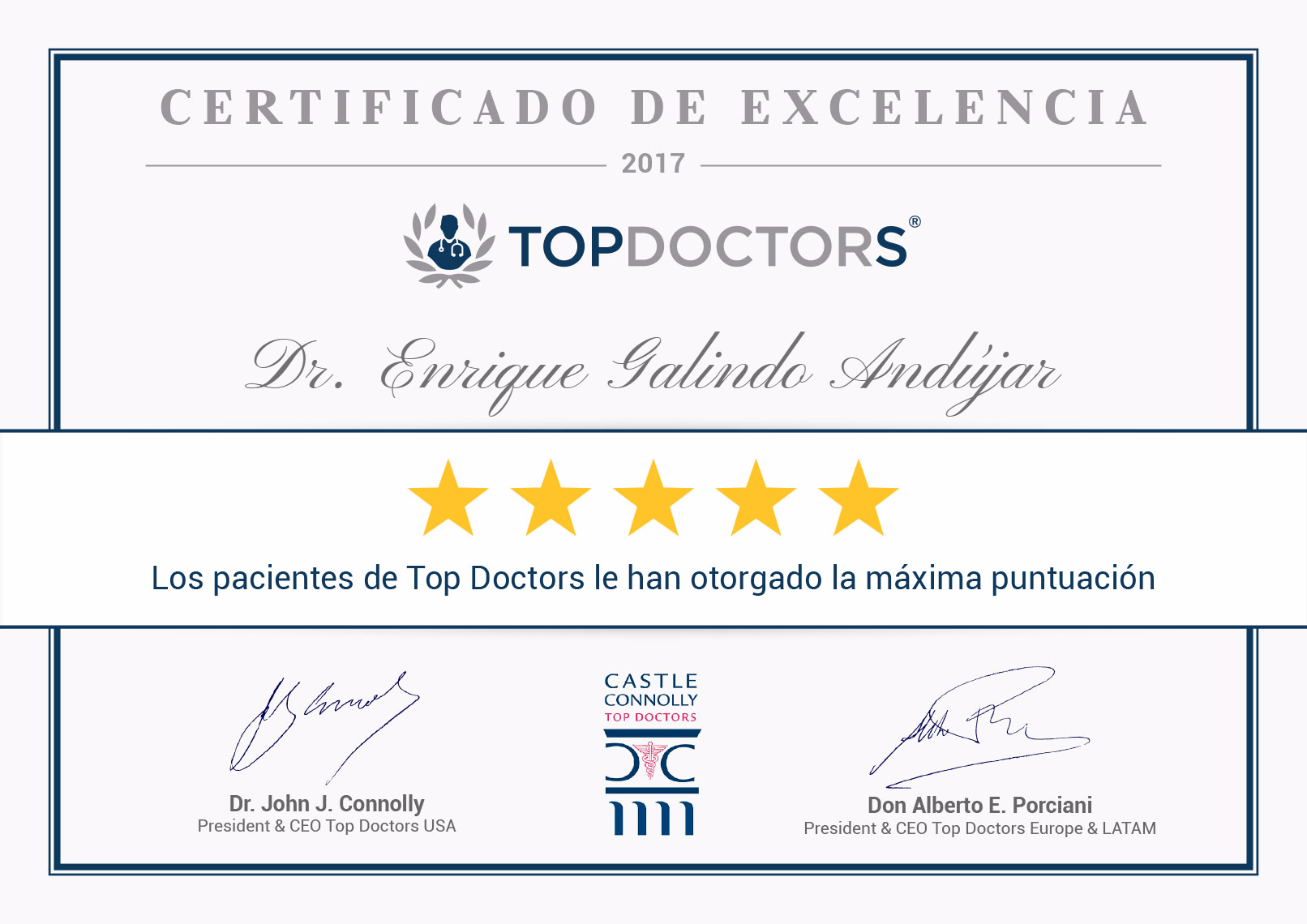 Máxima puntuación en TopDoctors 2017 para el Dr. Galindo Andújar