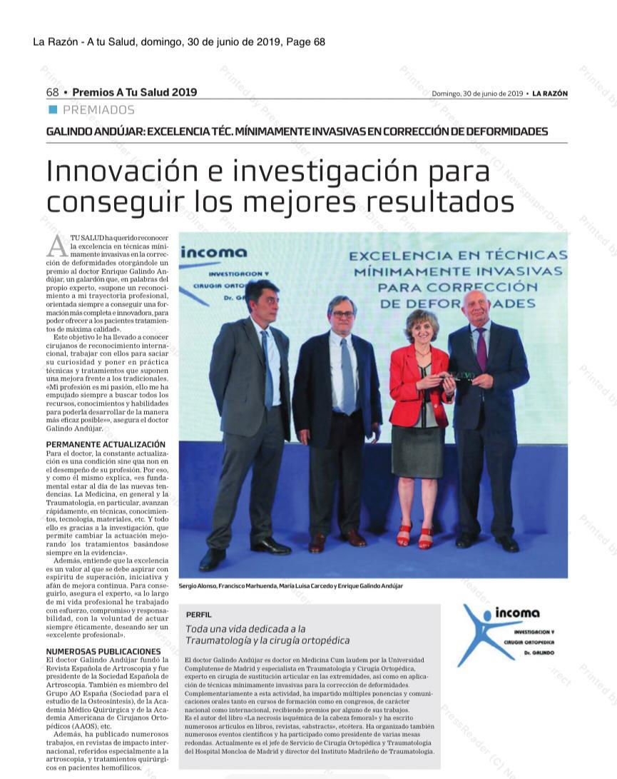 El Dr. Galindo Andújar galardonado en los premios A TU SALUD 2019 del diario La Razón